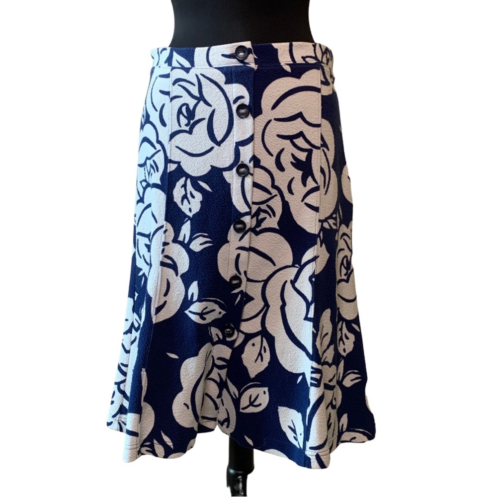 MAEVE Skirt Navy White Floral Knit A-Line Medium Button Front